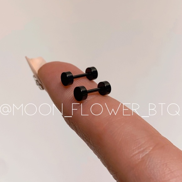 Black Flat Barbell Earrings - Picture 3 of 6